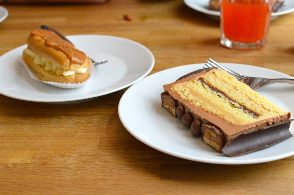 PB & caramel gateaux and salted caramel eclair