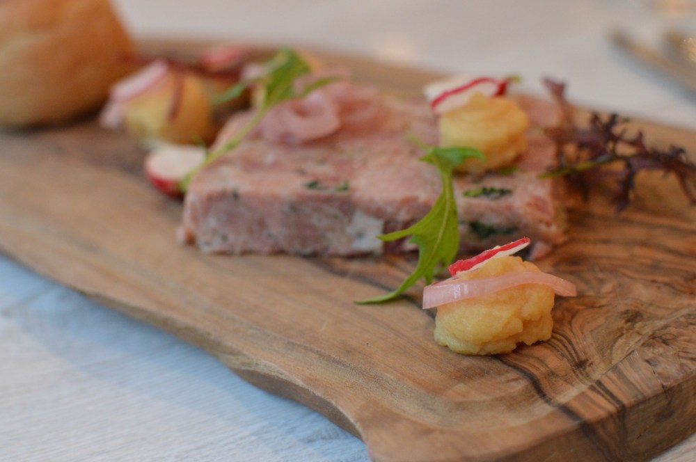 Terrine of ham hock, pease pudding, pickled shallots, warm stottie bread. Branches Ponteland.